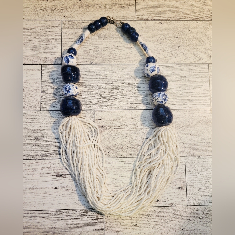 Blue and White Floral Ceramic Chunky Beaded Necklace